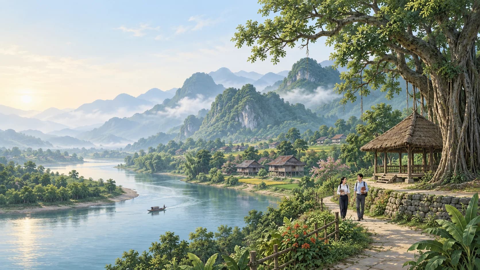 Minh họa không gian học tập giữa cảnh quan sông và núi rừng Tuyên Quang